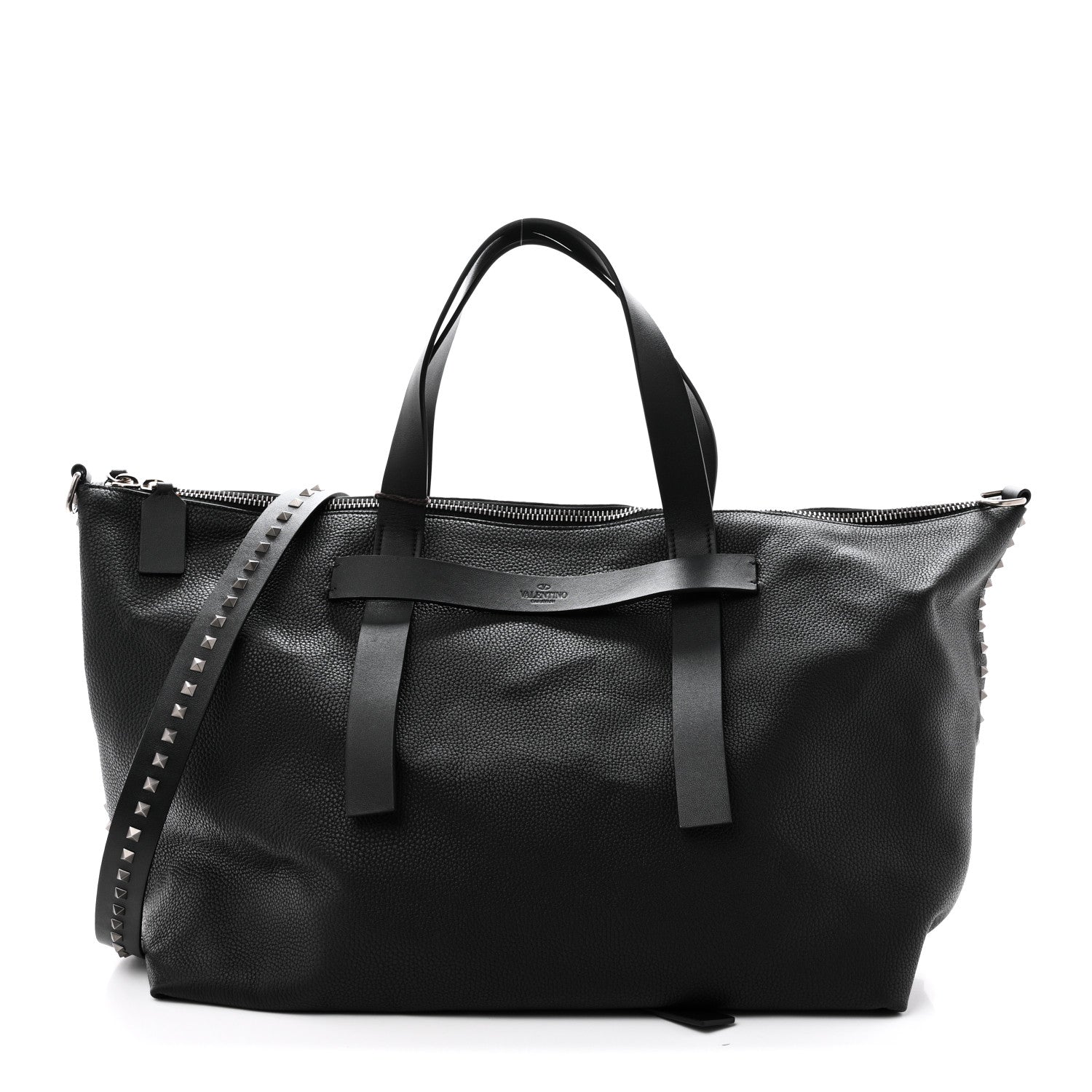 Grained Calfskin Rockstud Travel Tote Bag Black