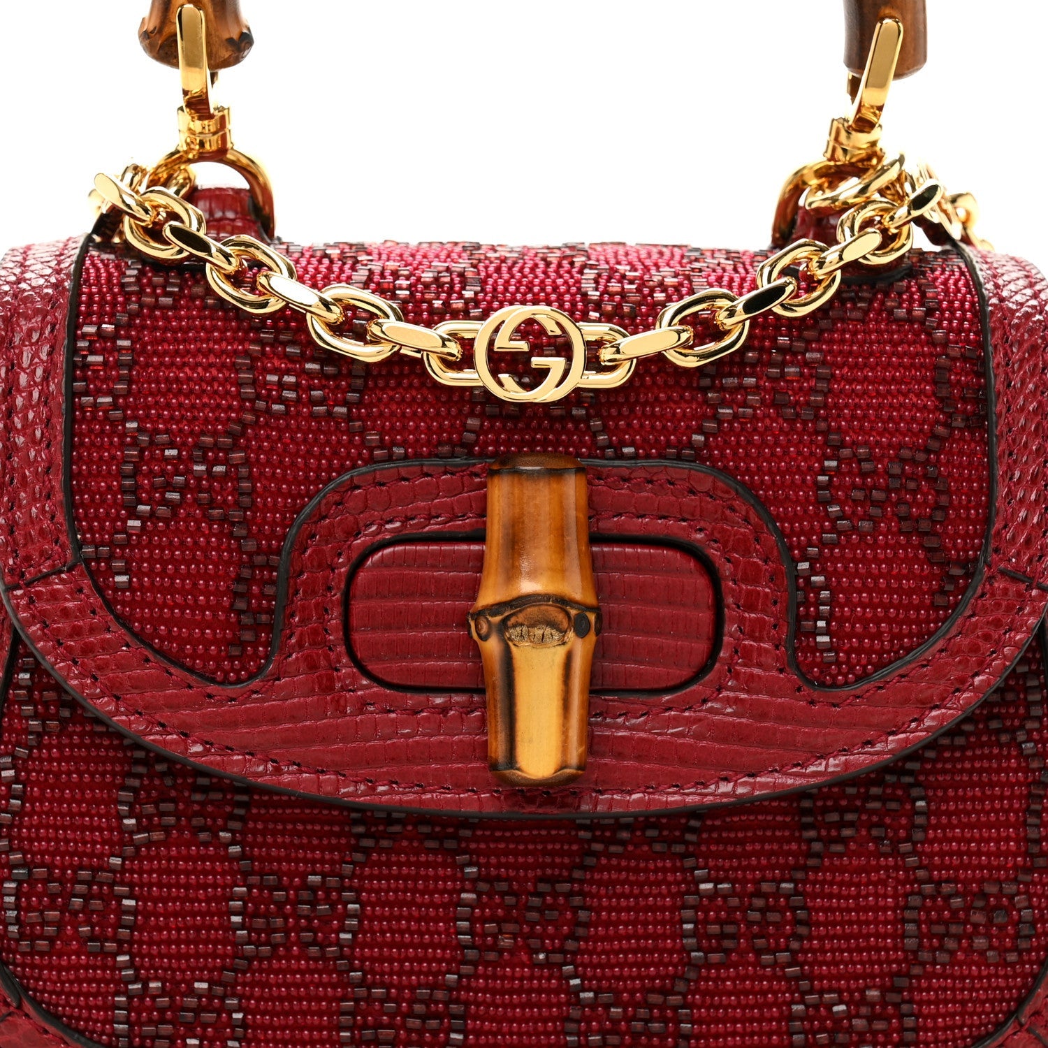 Moire Fabric Calfskin Rhinestone Monogram Monochrome Lizard Embossed Mini Bamboo 1947 Top Handle Chain Bag Red