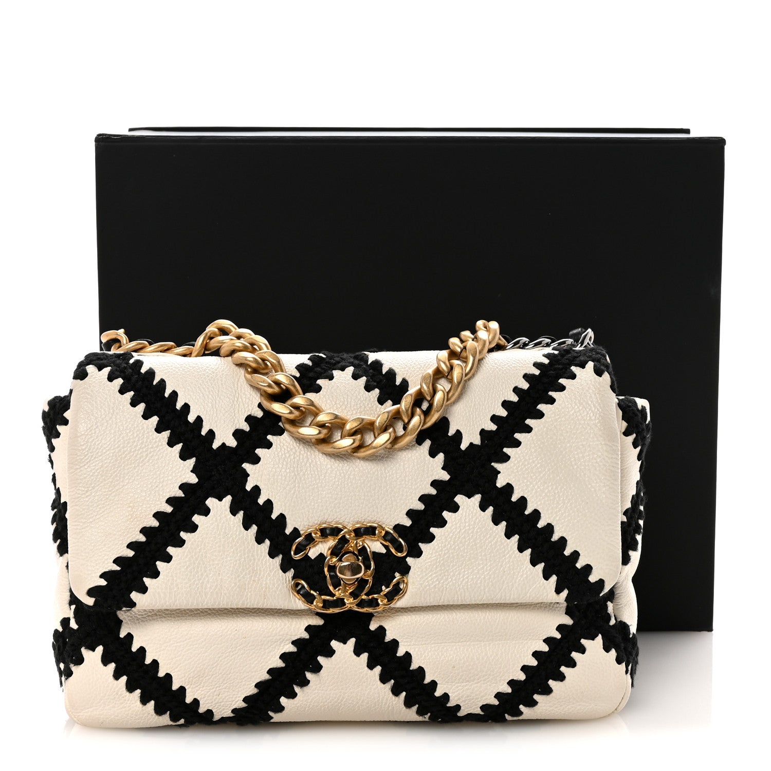Calfskin Crochet Medium Chanel 19 Flap White Black