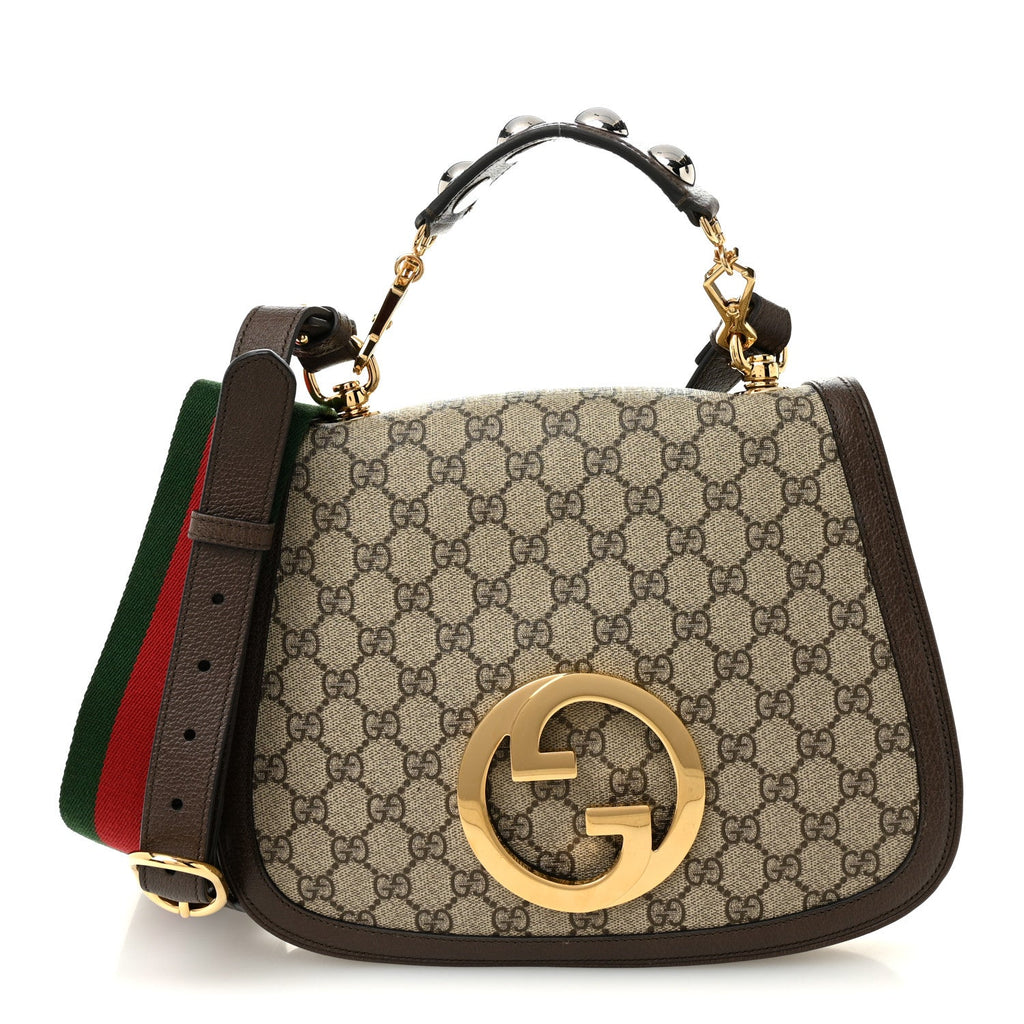 GG Supreme Monogram Textured Dollar Calfskin Web Medium Blondie Top Handle Shoulder Flap Bag Beige Ebony New Acero