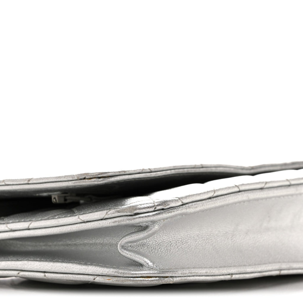 Metallic Lambskin Quilted Wallet On Chain WOC Silver