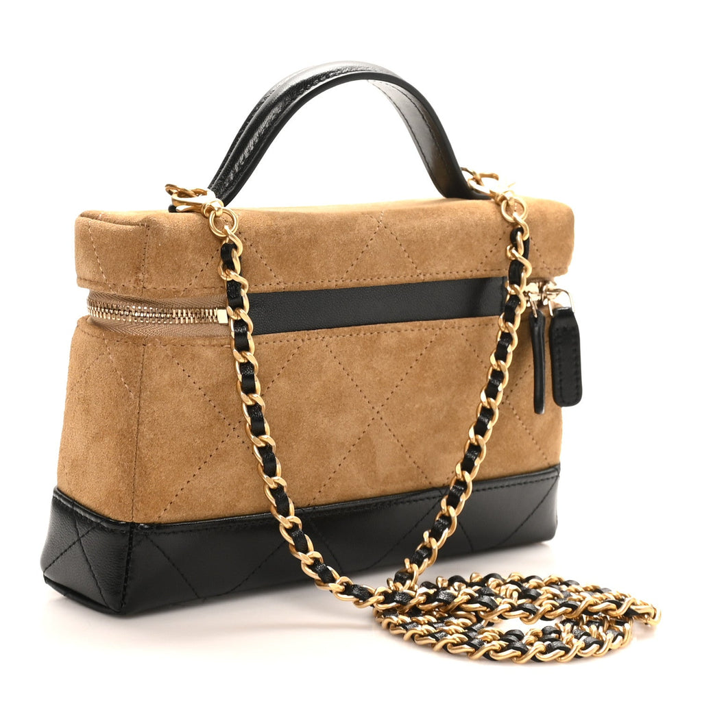 Suede Calfskin Shiny Lambskin Stitched Top Handle Slim Vanity Case With Chain Beige Black