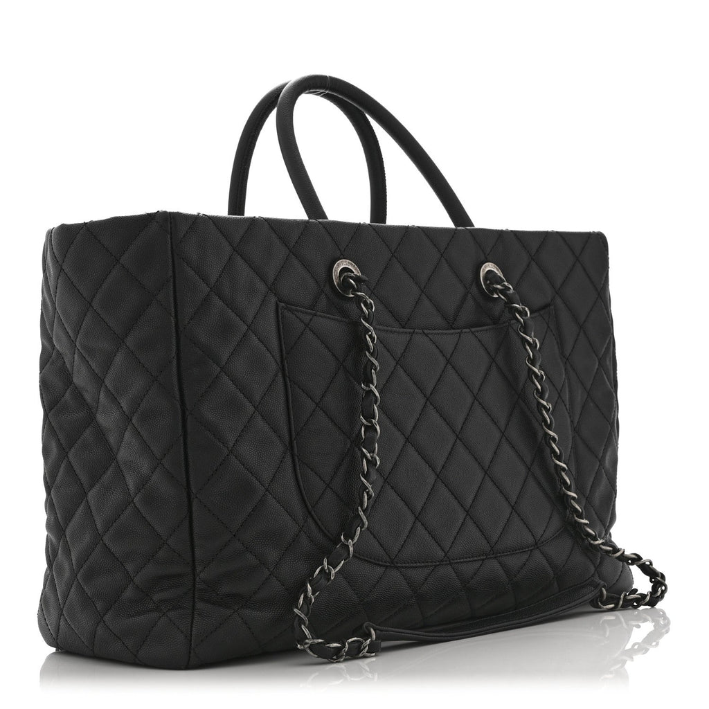 Caviar Quilted Large Coco Handle Shopping Tote Black