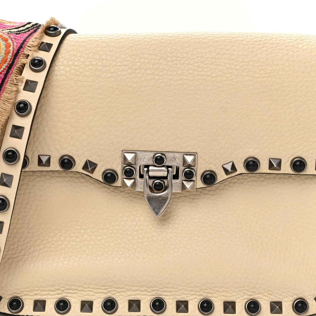 Pebbled Calfskin Onyx Medium Guitar Strap Rockstud Rolling Flap Saddle Bag Ivory