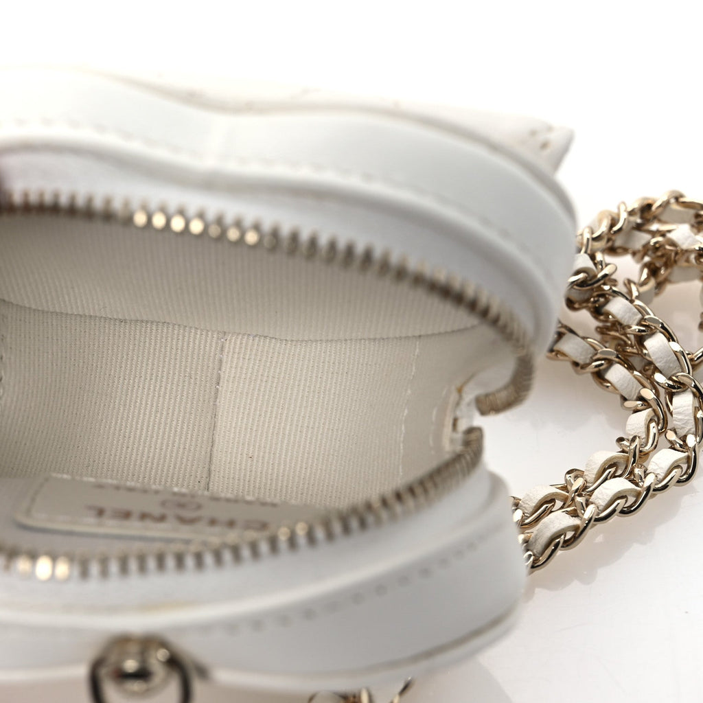 Lambskin Quilted CC In Love Heart Coin Purse With Chain White