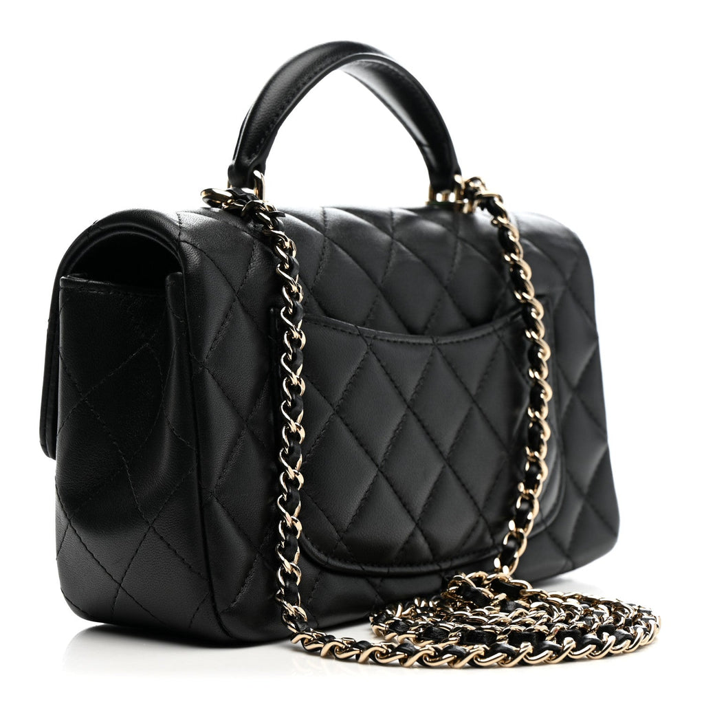Lambskin Quilted Mini Top Handle Rectangular Flap Black