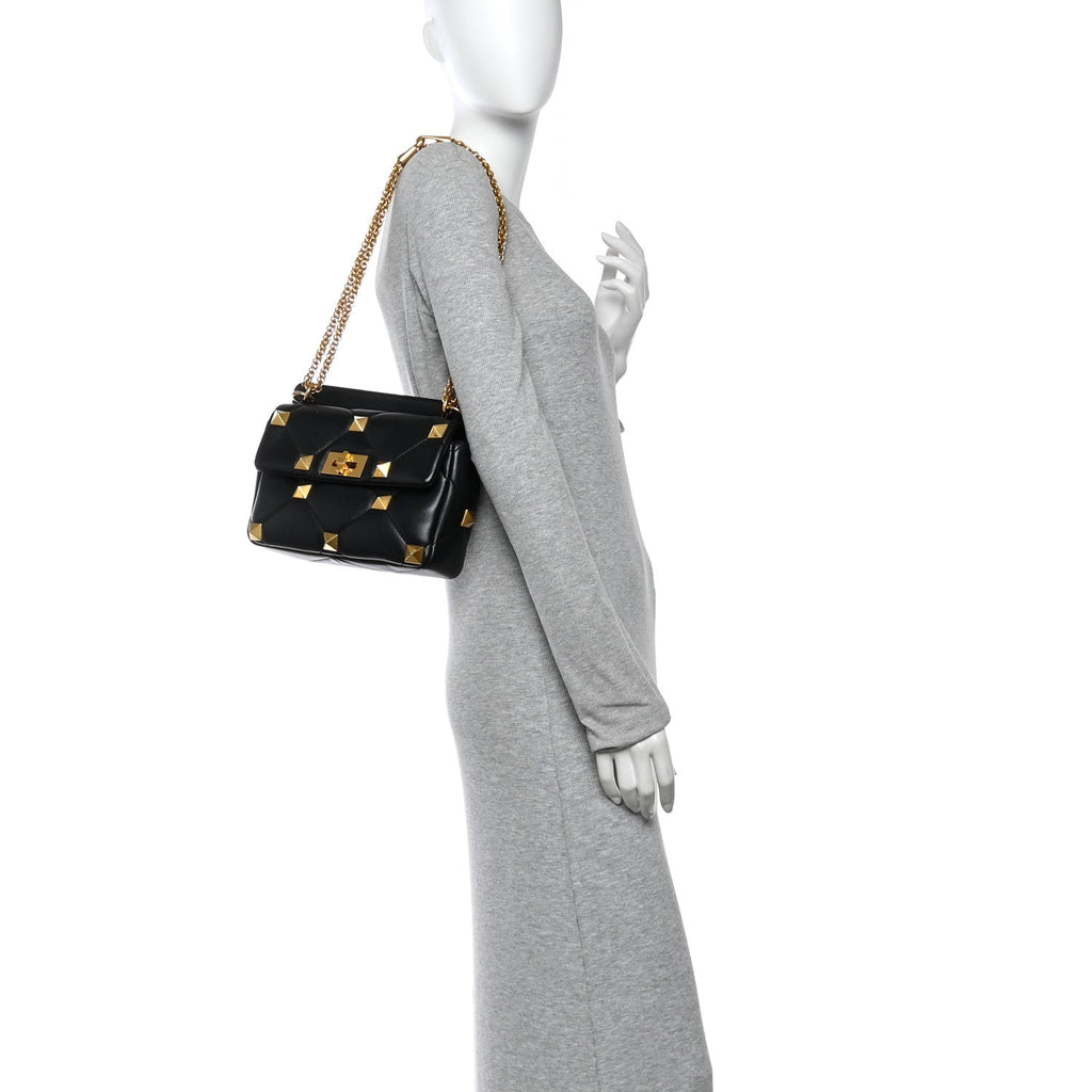 Nappa Large Roman Stud Shoulder Bag Black