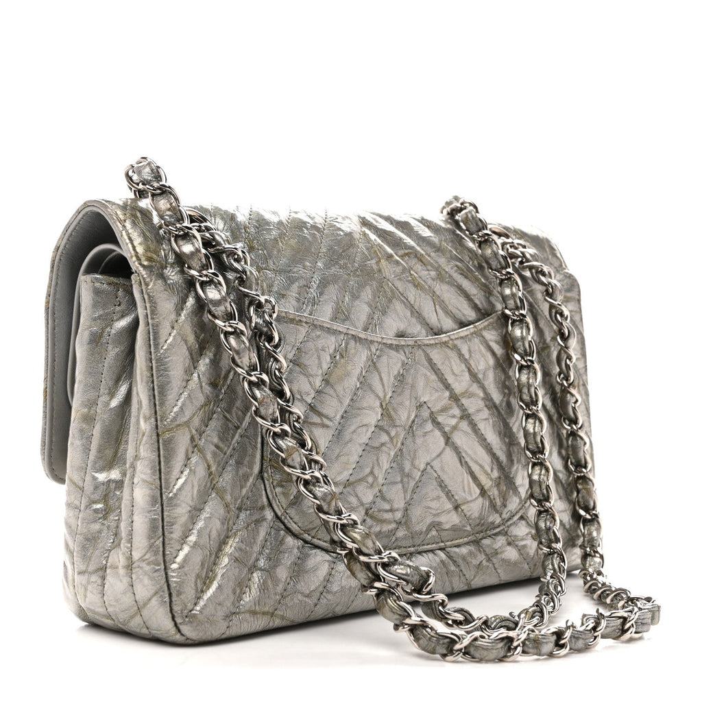 Metallic Patent Crumpled Calfskin Chevron Quilted Medium Double Flap Silver