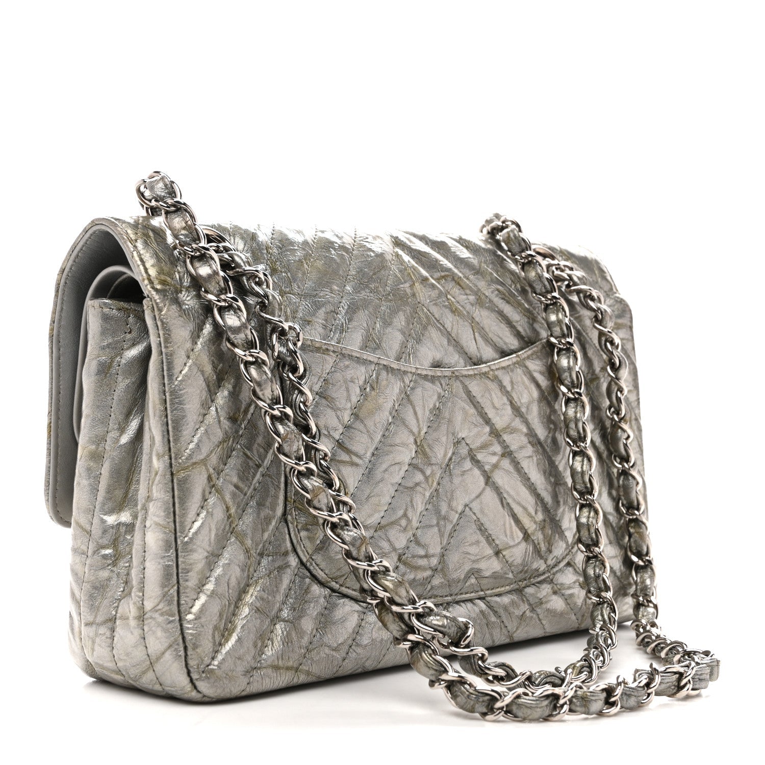 Metallic Patent Crumpled Calfskin Chevron Quilted Medium Double Flap Silver