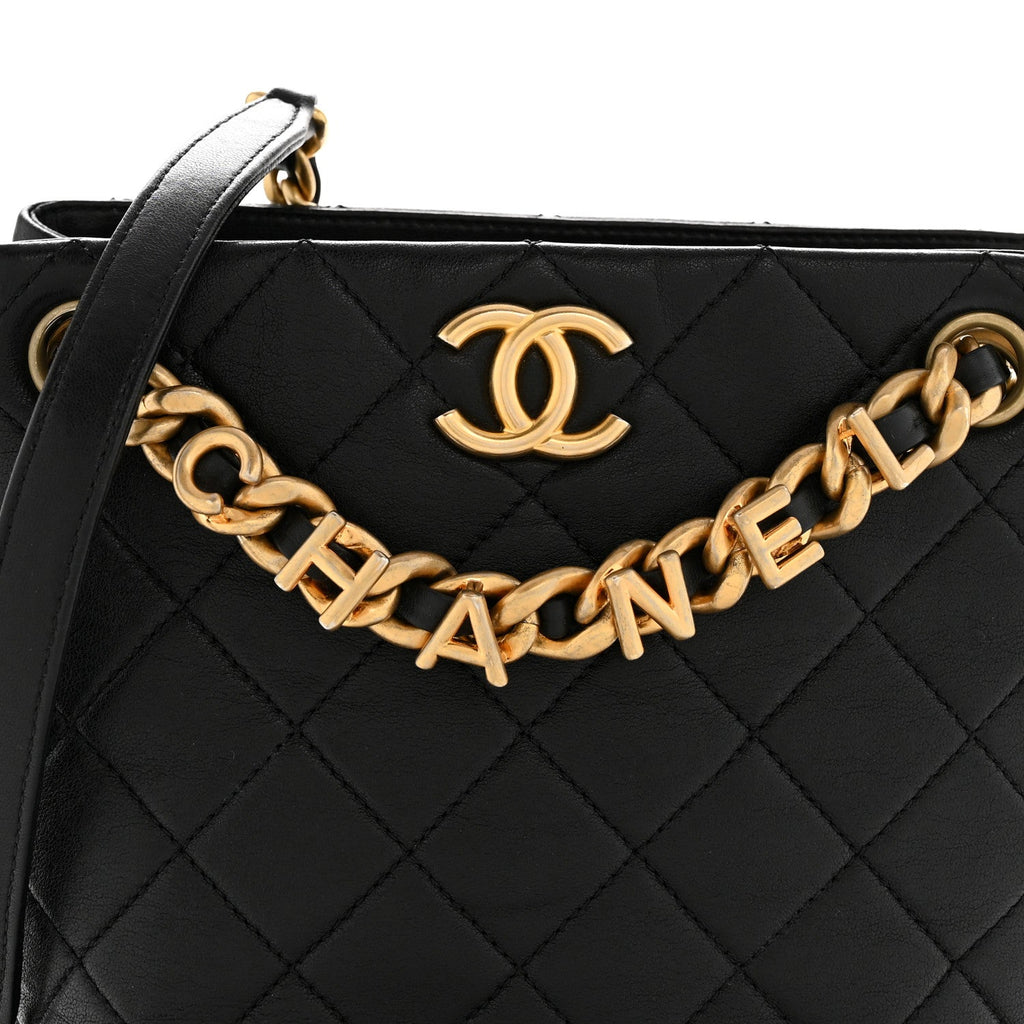 Lambskin Quilted Chaine Lettre Small Bucket Bag Black
