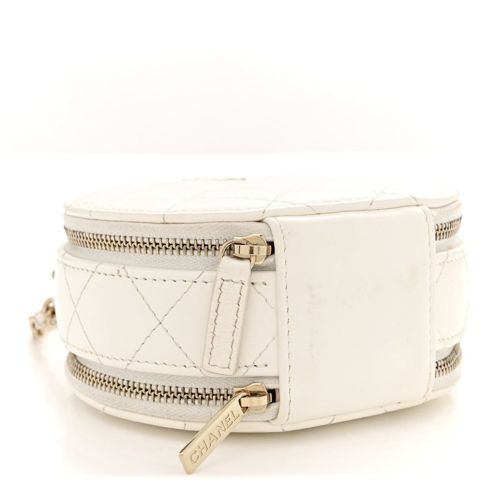 Lambskin Quilted Round Handle With Care Vanity With Chain White