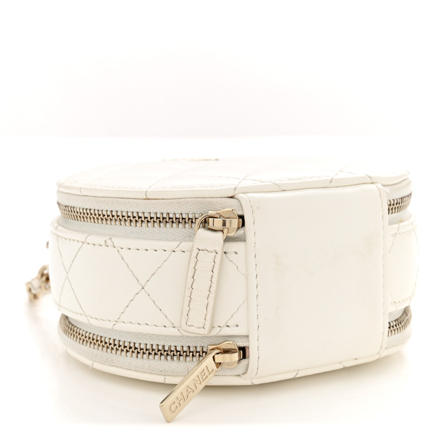 Lambskin Quilted Round Handle With Care Vanity With Chain White