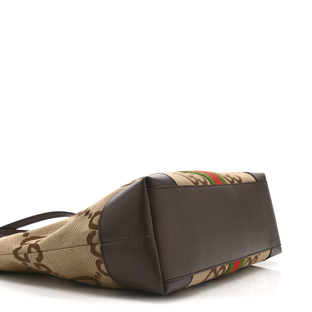 Monogram Jumbo GG Textured Dollar Calfskin Web Medium Ophidia Shopping Tote Camel Ebony