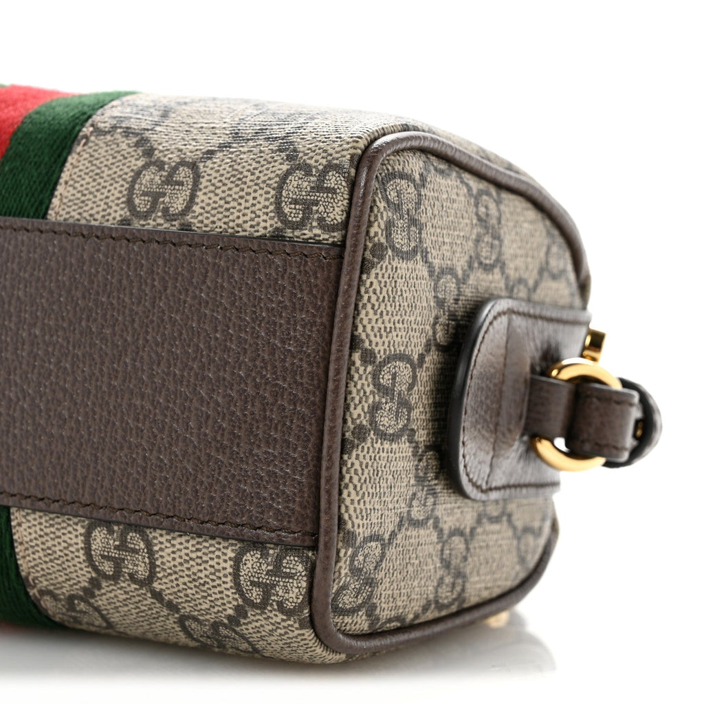 GG Supreme Monogram Textured Dollar Calfskin Web Super Mini Ophidia Top Handle Bowler Bag  Beige Ebony New Acero