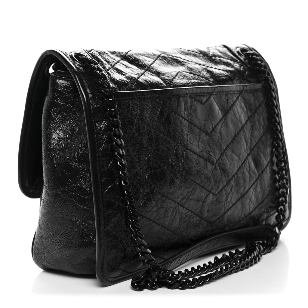 Crinkled Calfskin Matelasse Monogram Medium Niki Chain Satchel Black