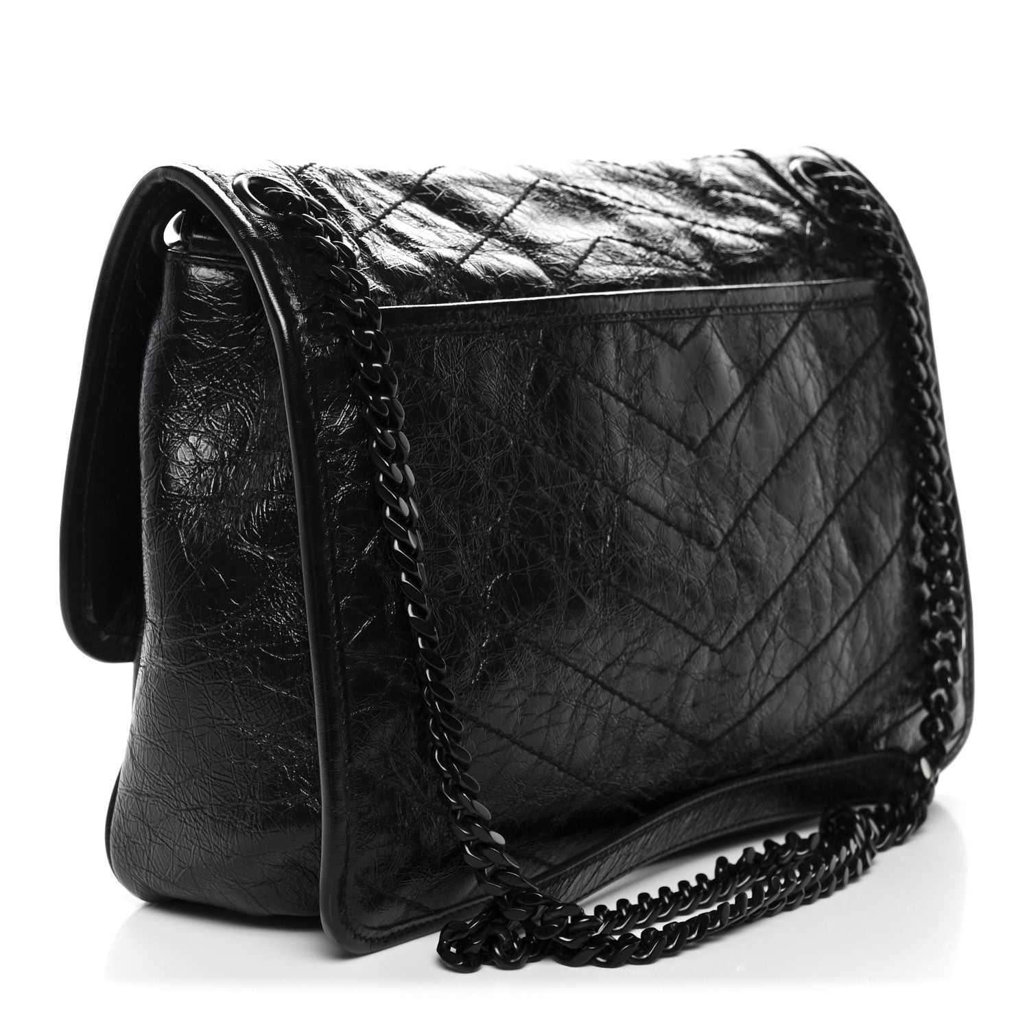 Crinkled Calfskin Matelasse Monogram Medium Niki Chain Satchel Black