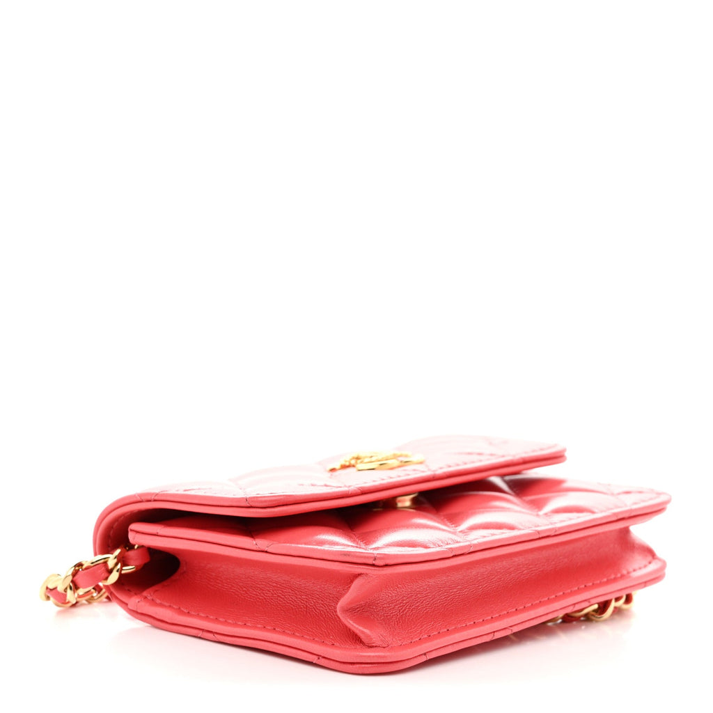 Shiny Lambskin Quilted  Holder On Chain Pink