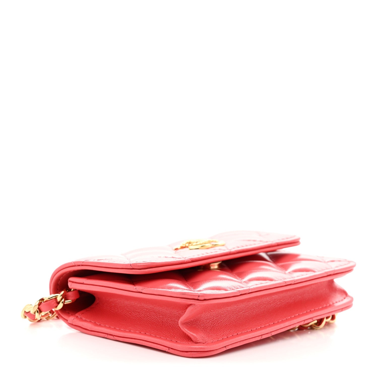 Shiny Lambskin Quilted  Holder On Chain Pink