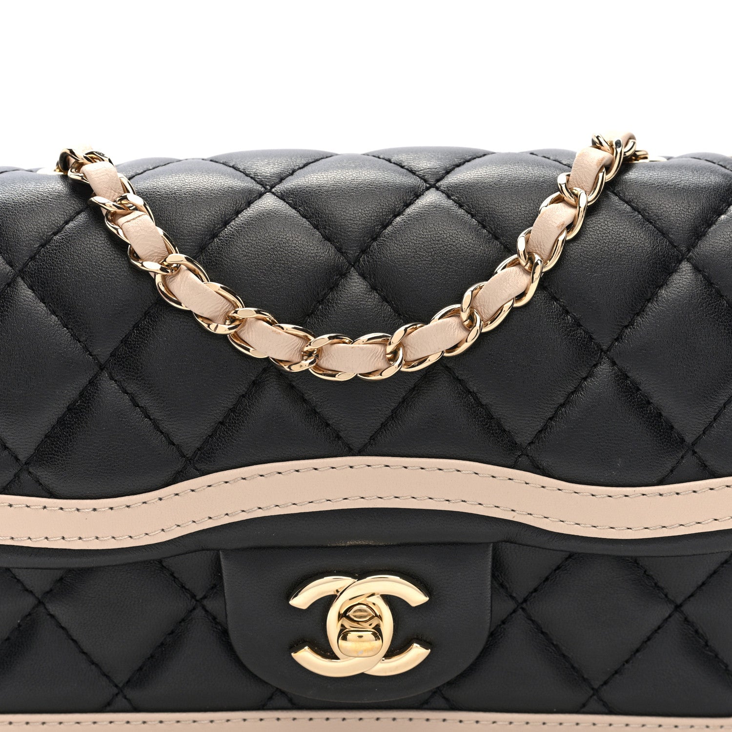 Shiny Lambskin Quilted Half Mini Flap Black Beige