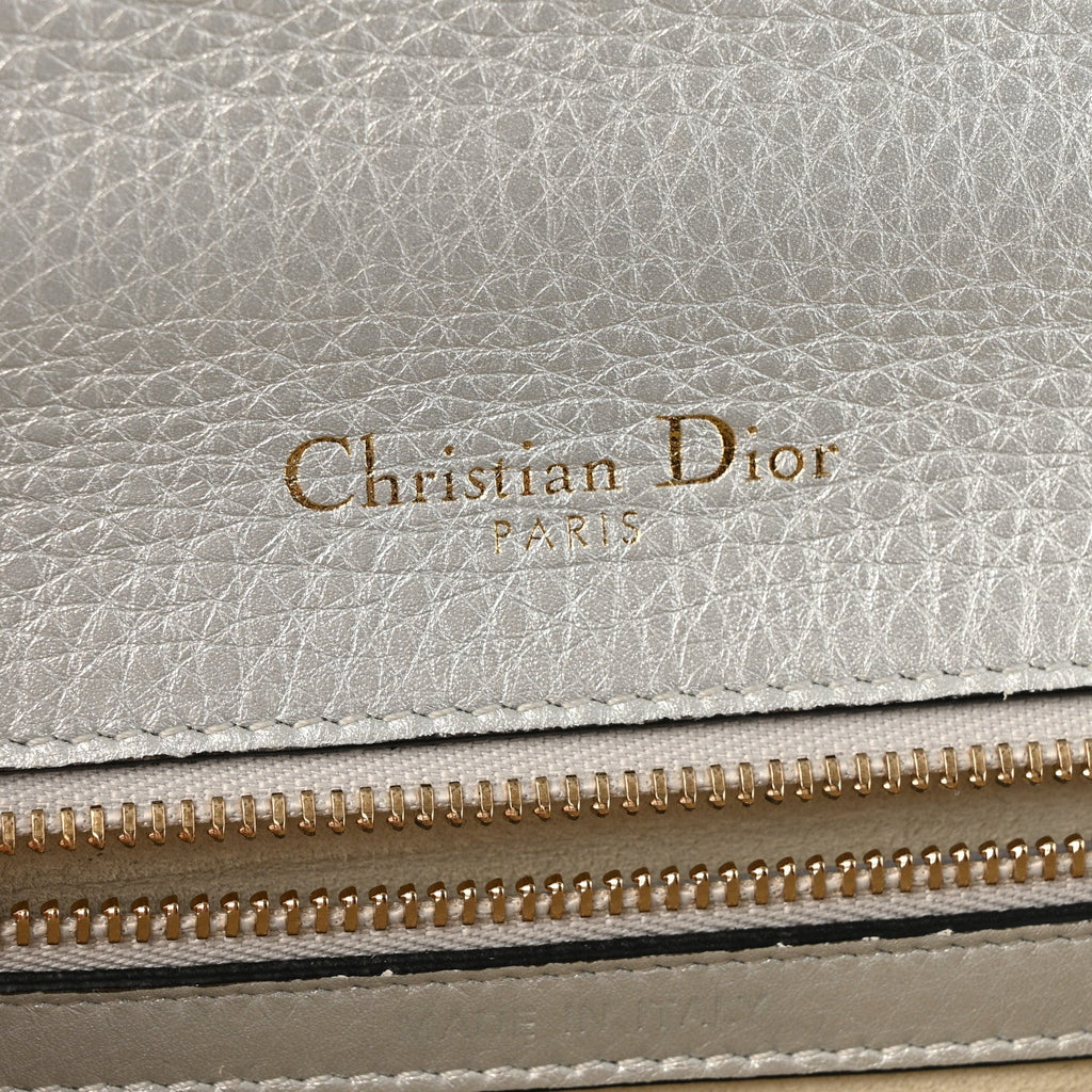 Metallic Grained Calfskin Diorama Wallet on Chain Pouch Silver