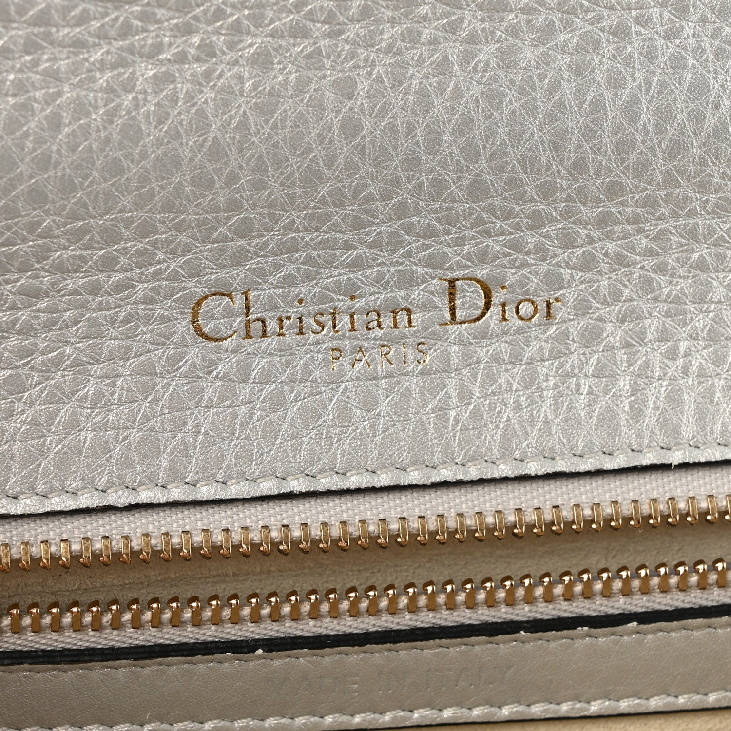 Metallic Grained Calfskin Diorama Wallet on Chain Pouch Silver