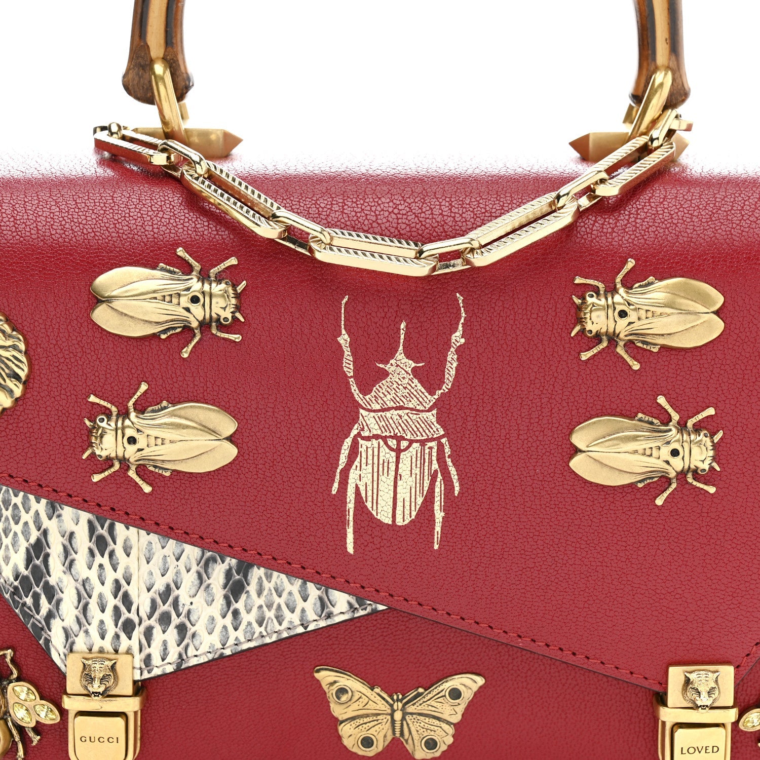Calfskin Snakeskin Studded Small Ottilia Top Handle Bag Hibiscus Red
