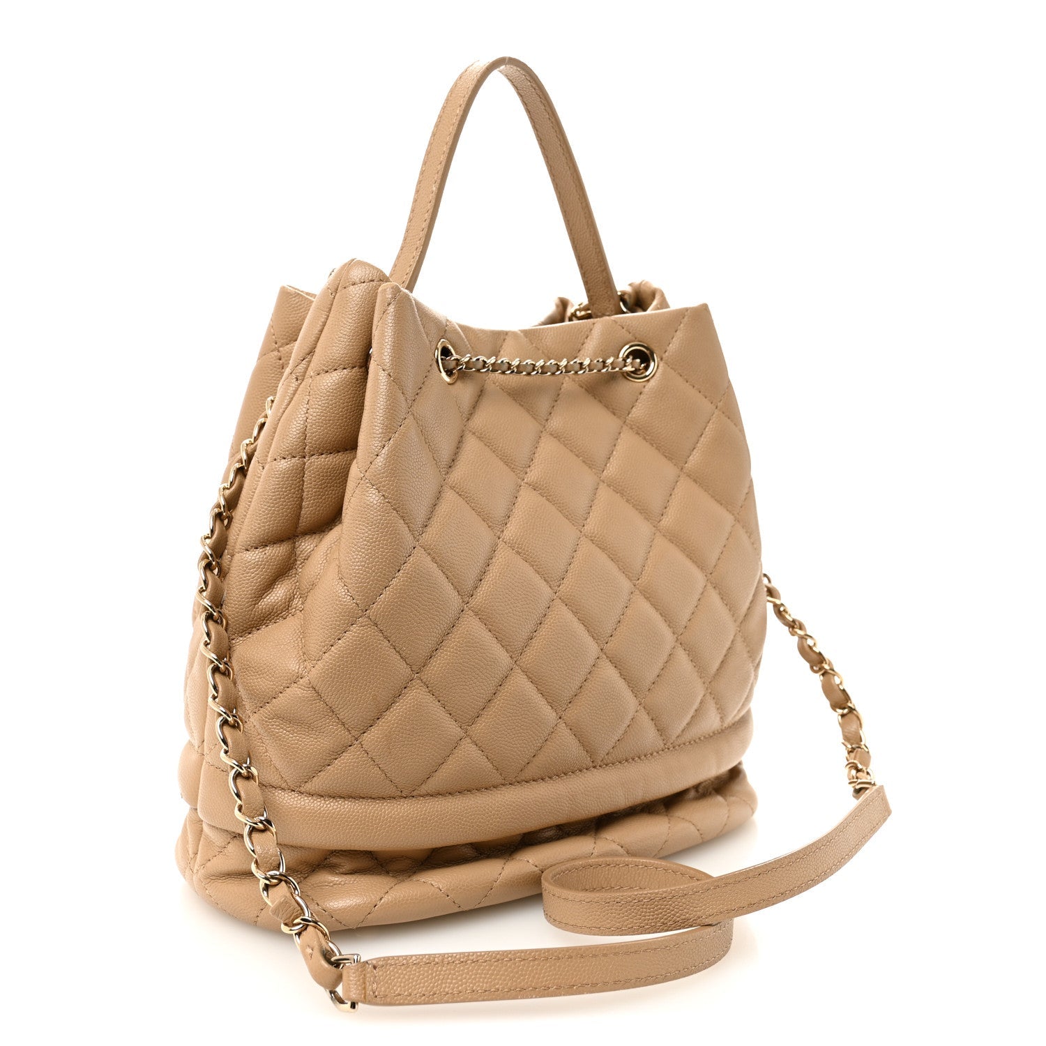 Caviar Quilted Large Rolled Up Bucket Drawstring Bag Beige