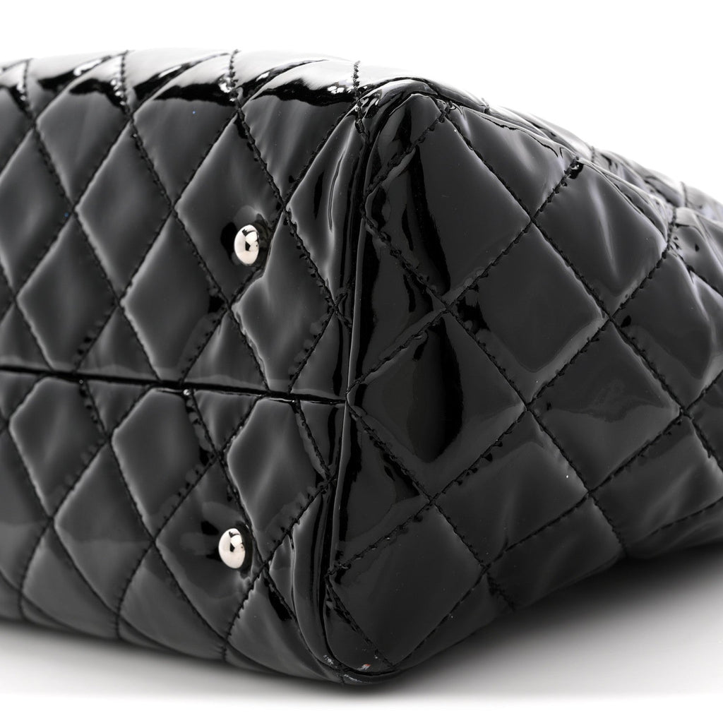 Patent Quilted Large Coco Shine Shopping Tote Black