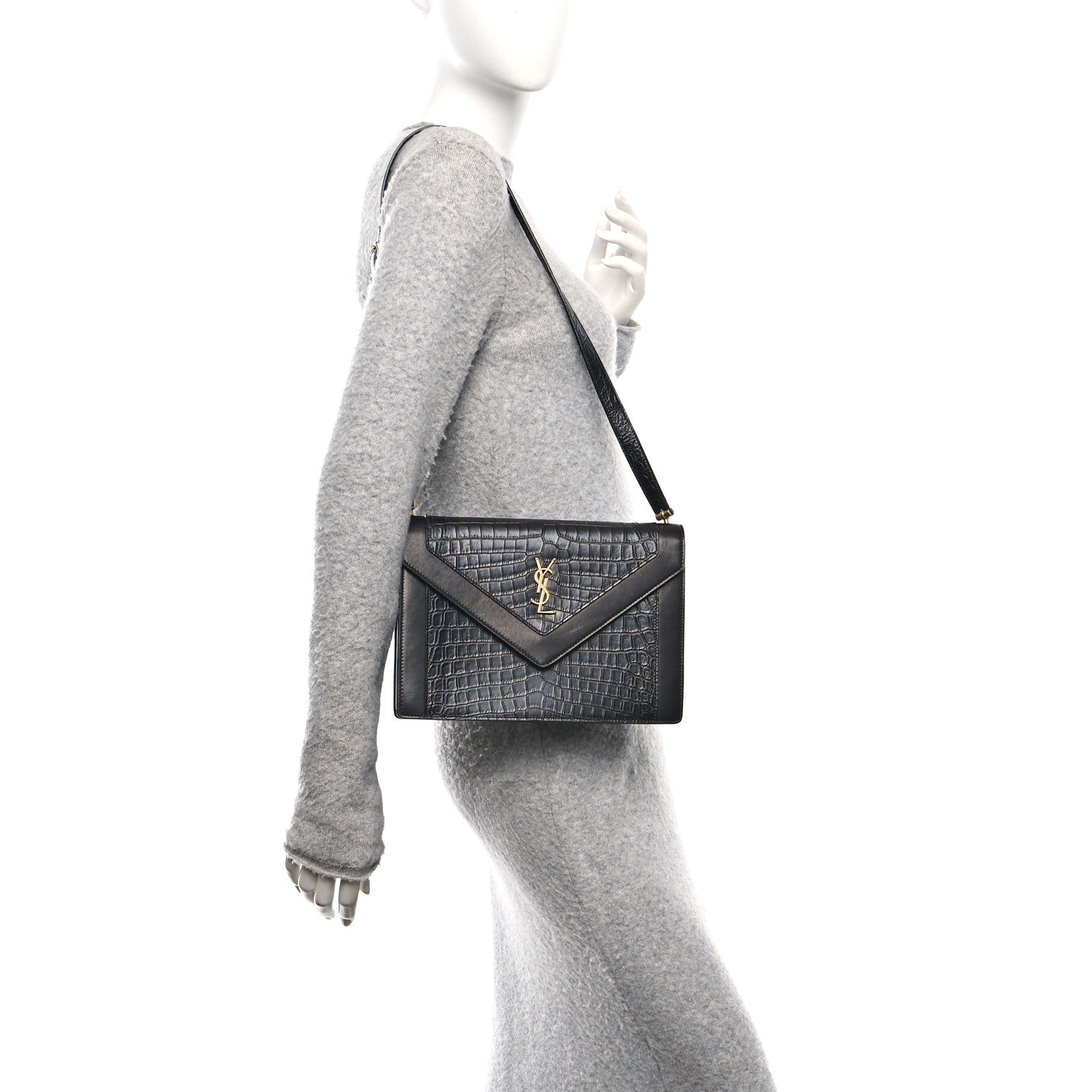 Calfskin Crocodile Embossed Gaby Satchel Black