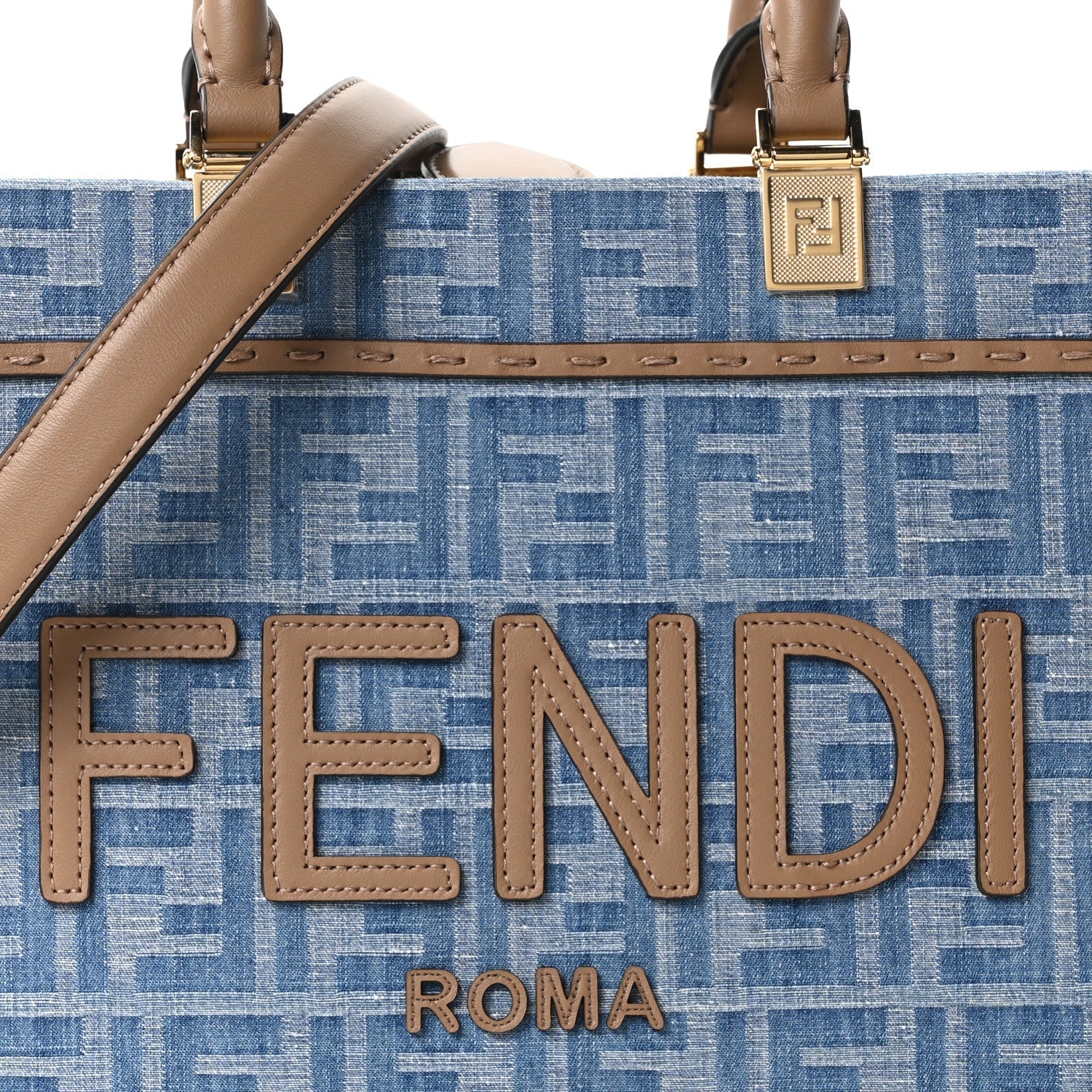 Denim Jacquard Vitello Grace FF 1974 Small Fendi Sunshine Shopper Tote Denim Sand