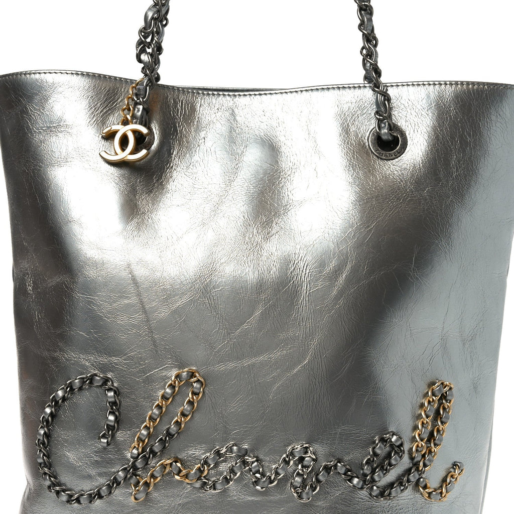 Metallic Crumpled Calfskin Chain 20s Signe Tote Silver