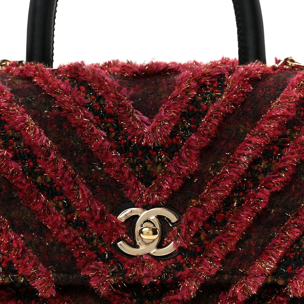 Tweed Fringe Mini Coco Handle Flap Red Black