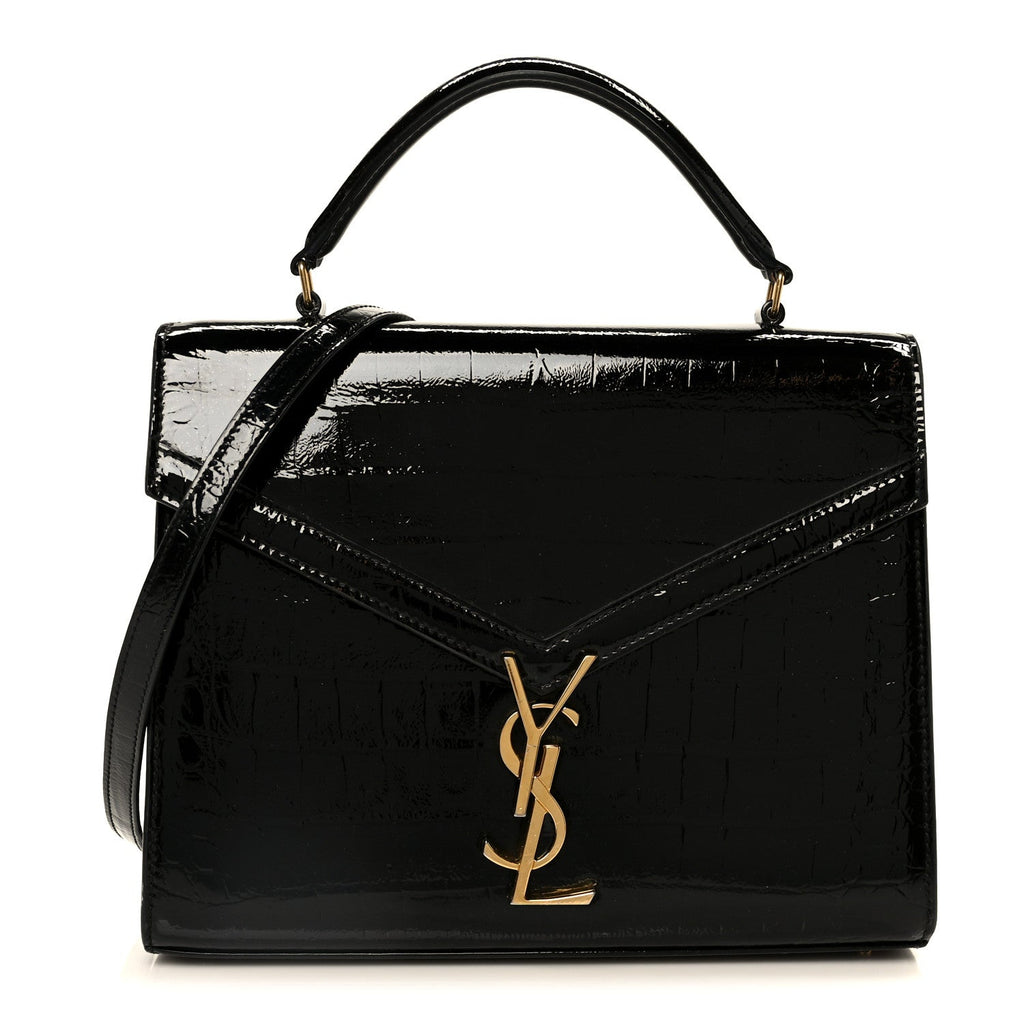 Calfskin Crocodile Embossed Medium Classic Monogram Cassandra Top Handle Black