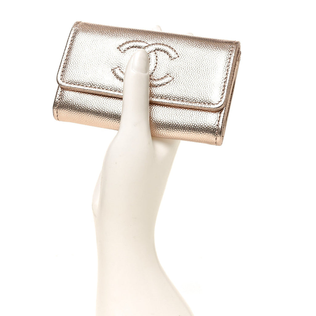 Metallic Caviar Quilted CC Flap  Holder Copper