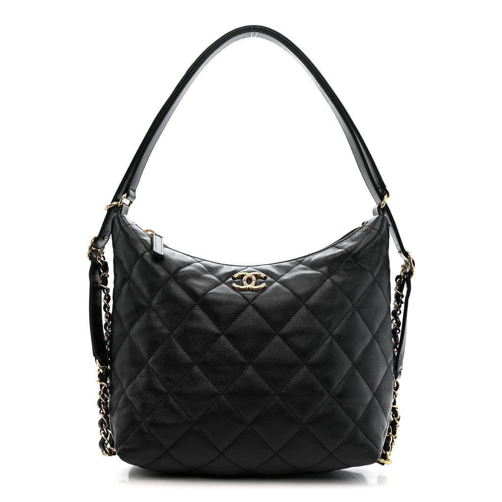 Lambskin Quilted Maxi Hobo Black