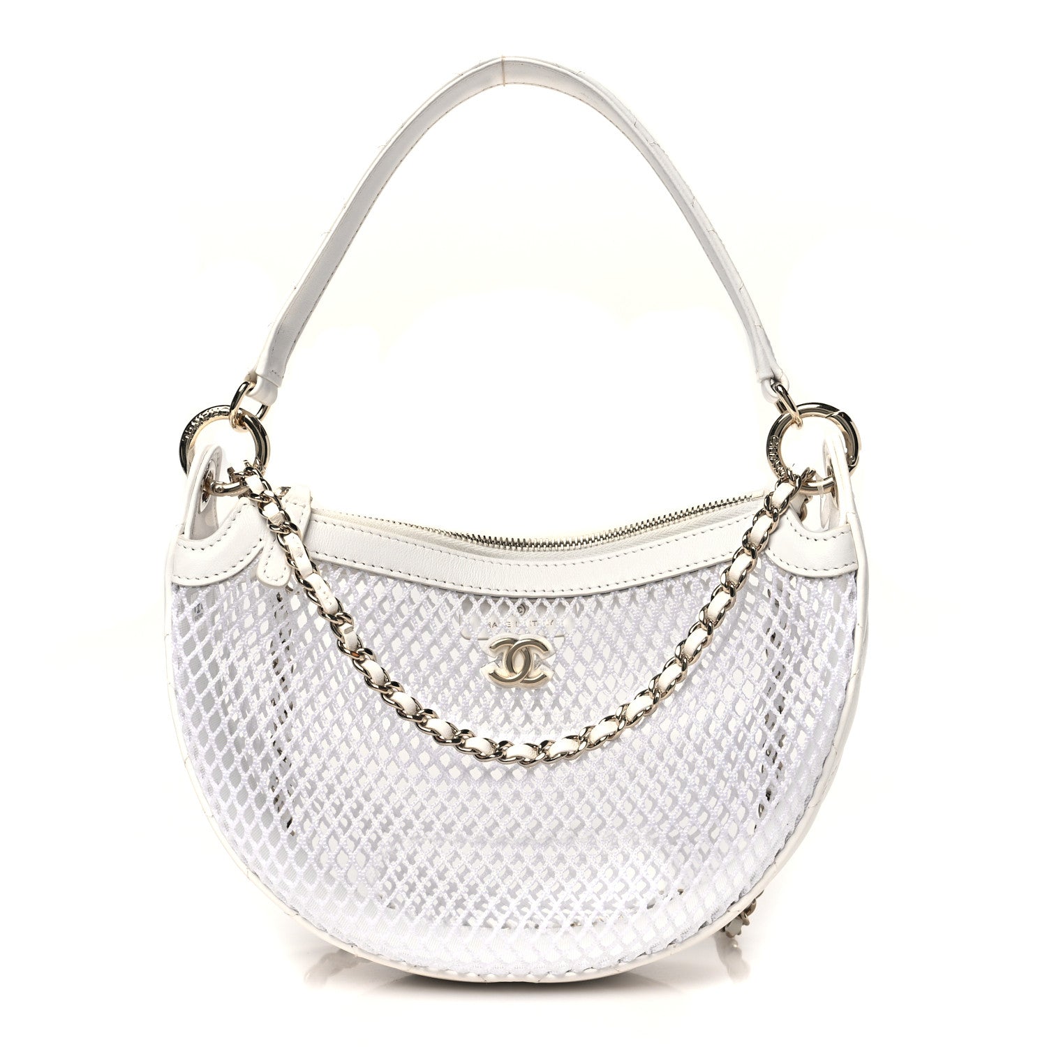 Mesh Shiny Lambskin Chain Hobo White