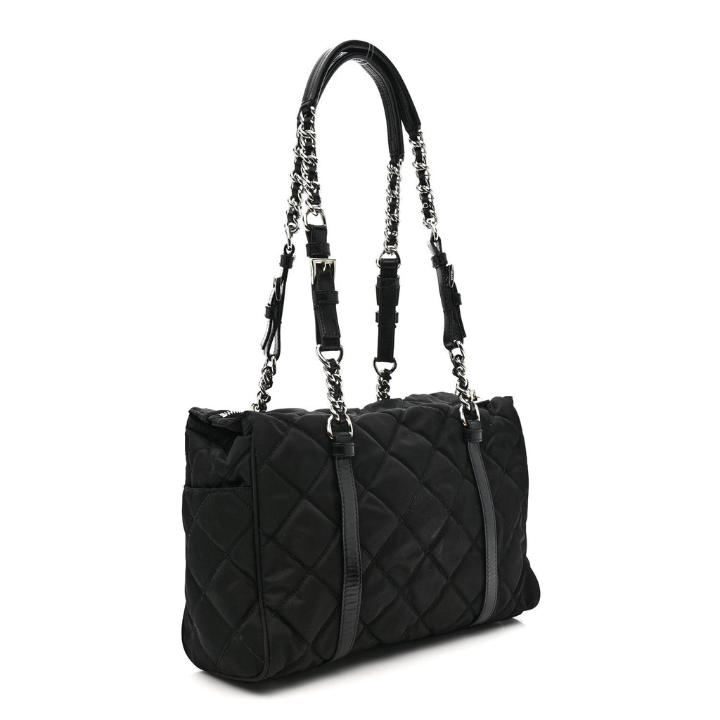 Nylon Tessuto Quilted Chain Shoulder Bag Black