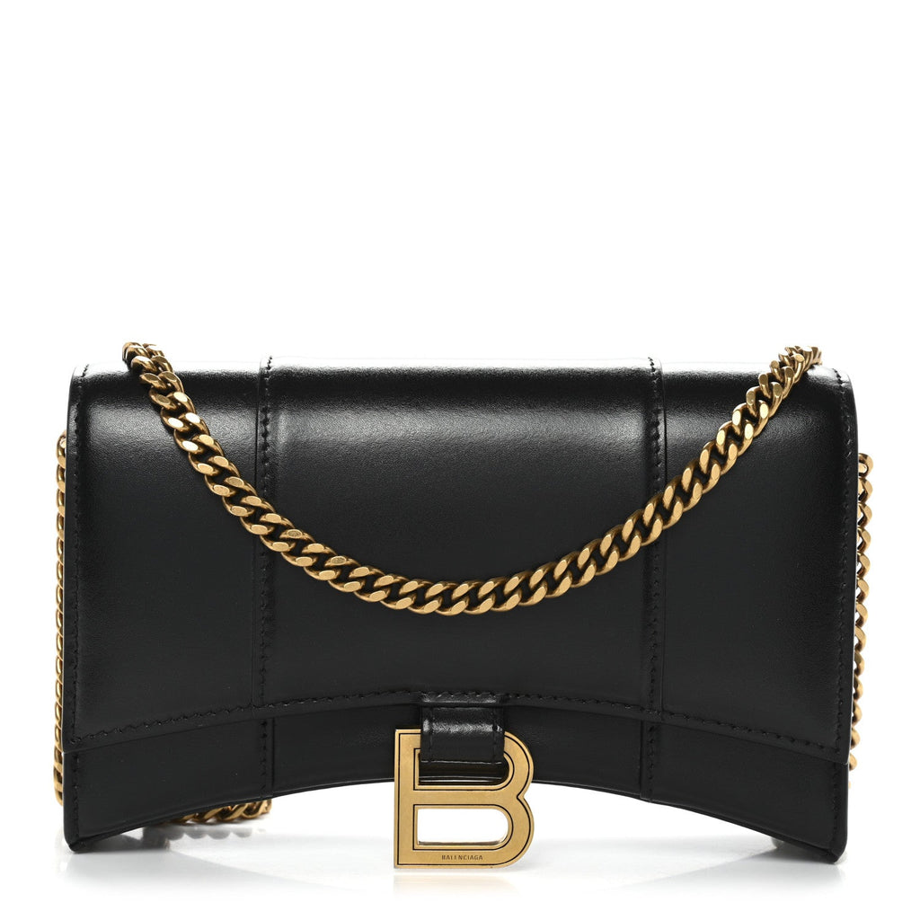Shiny Box Calfskin Hourglass Chain Bag Black