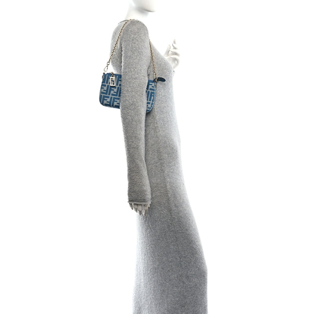 Denim Effect Fabric Jacquard FF Baguette Pouch Blue