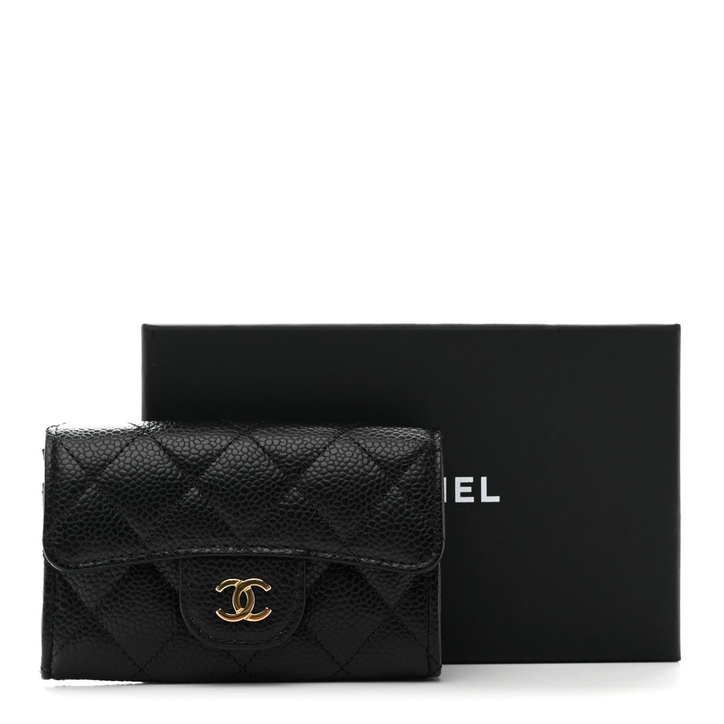 Caviar Quilted Flap  Holder Wallet Black