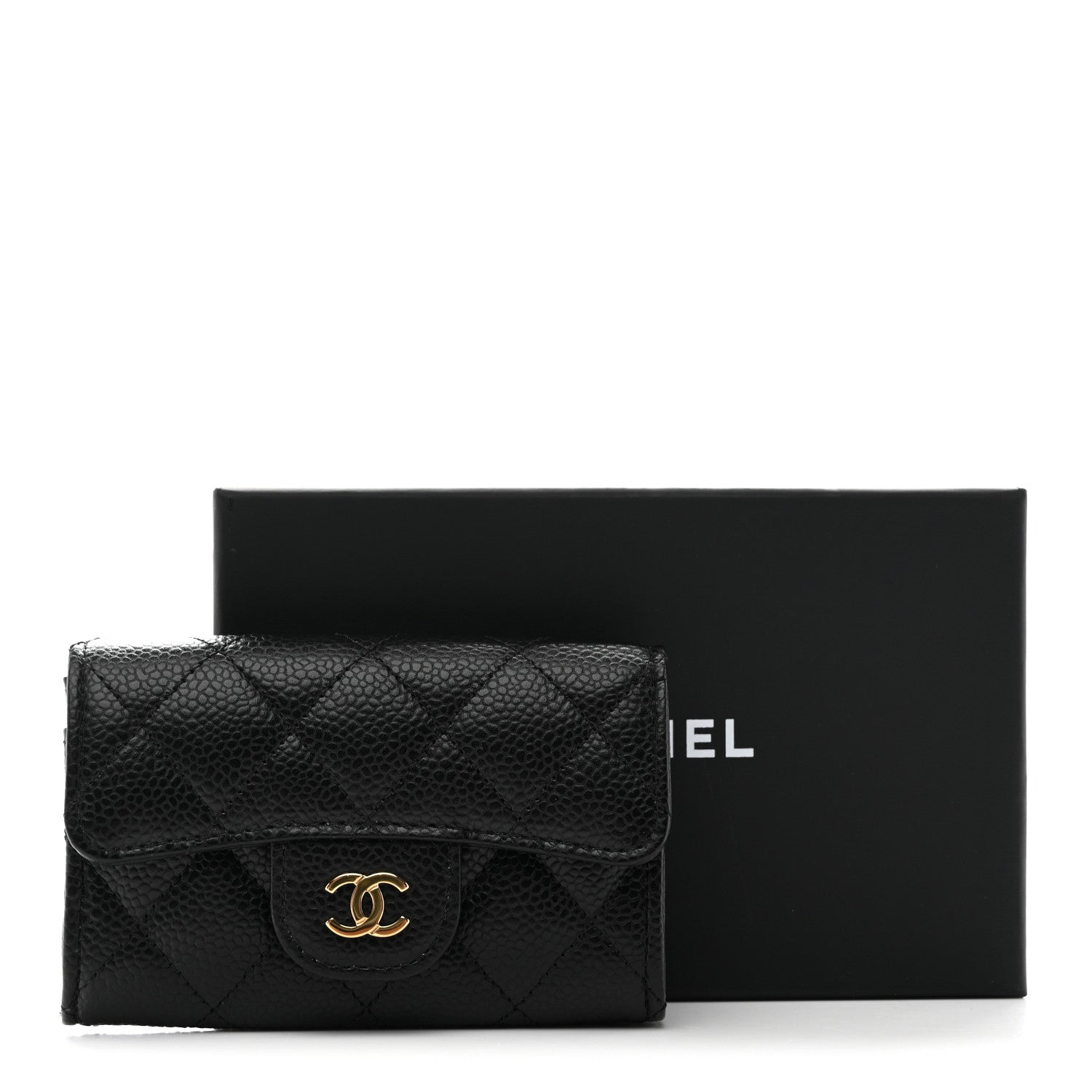 Caviar Quilted Flap  Holder Wallet Black