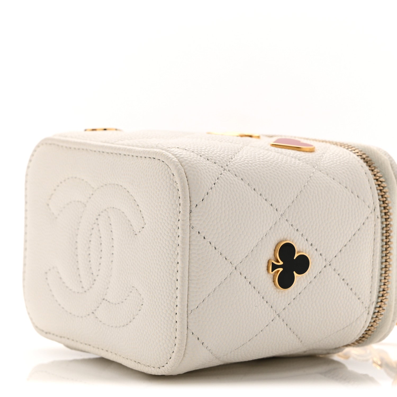 Caviar Quilted Enamel Coco Casino Mini Vanity Case With Chain White