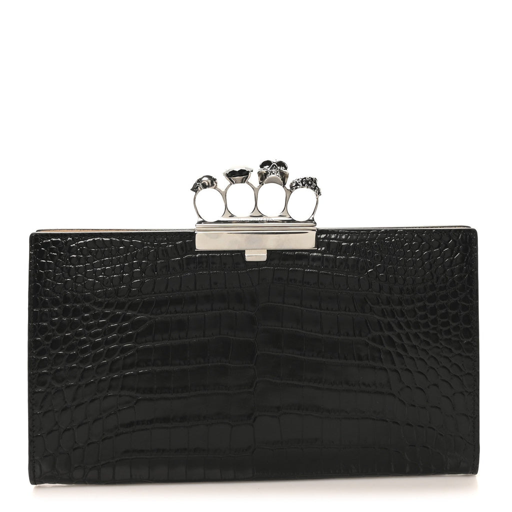 Calfskin Crocodile Embossed Knuckle Flat Clutch Black