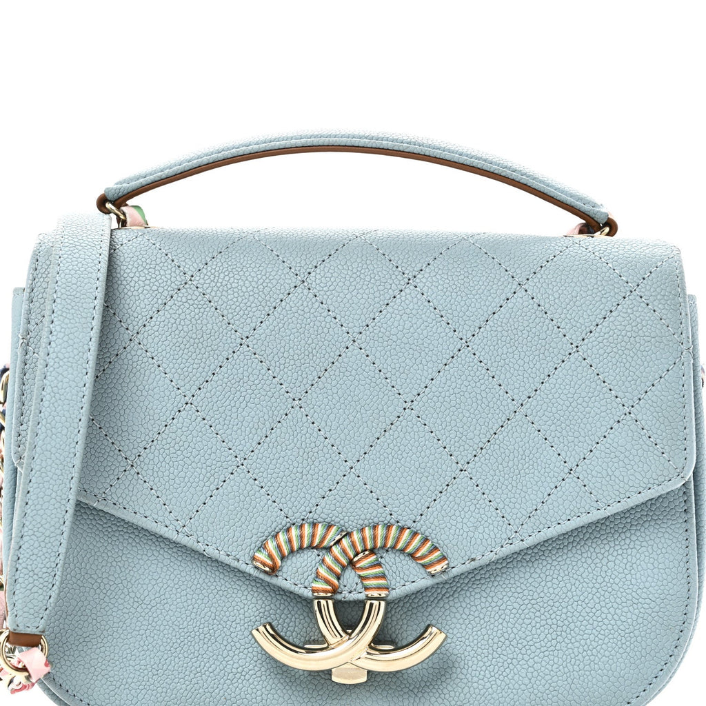 Grained Calfskin Quilted Small Cuba Top Handle Flap Blue