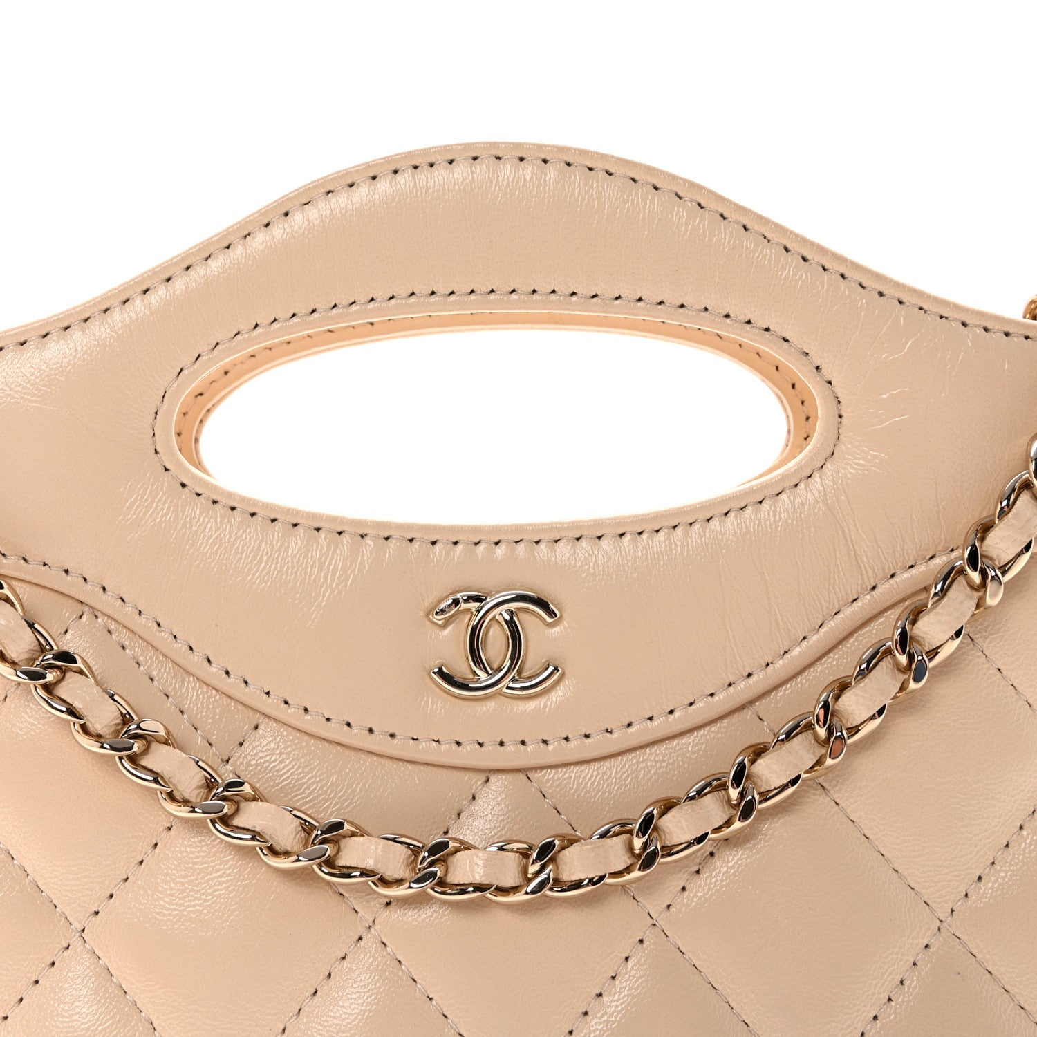 Shiny Crumpled Calfskin Quilted Nano 31 Shopping Bag Beige