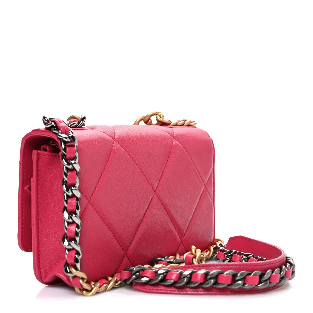 Shiny Goatskin Quilted Chanel 19 Wallet On Chain WOC Pink