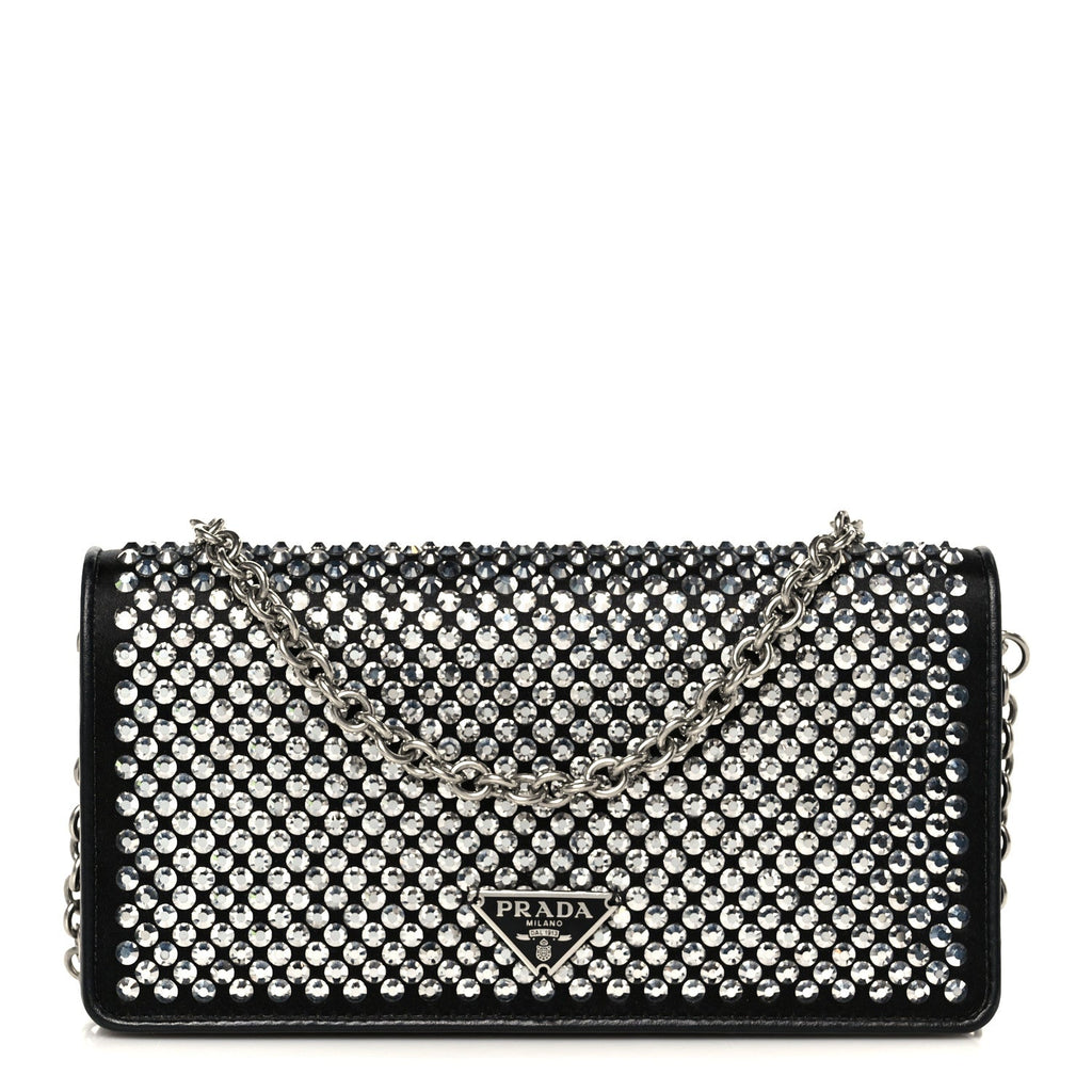 Satin Crystal Metal Triangle Logo Mini Crossbody Bag Cristal