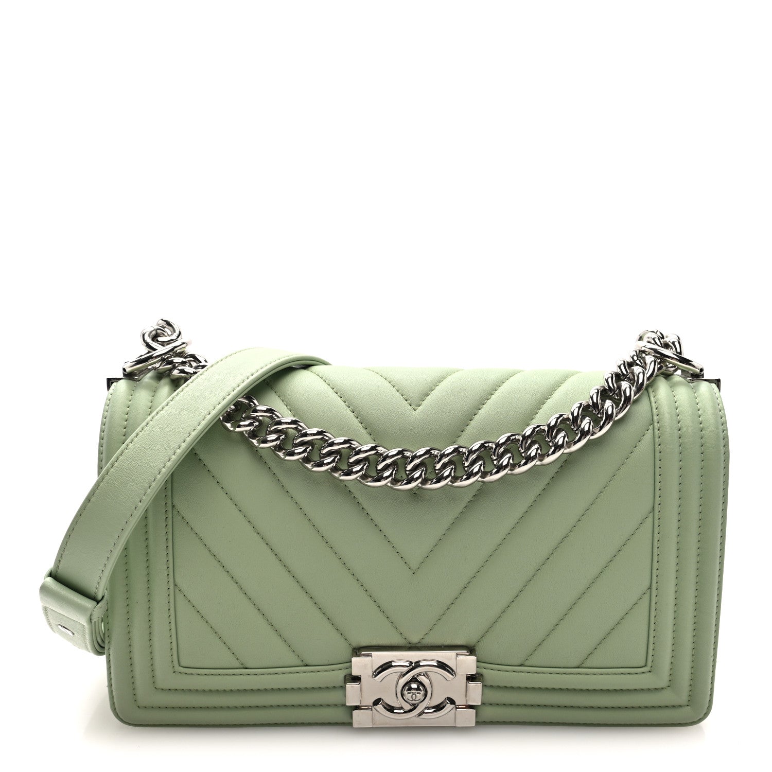Calfskin Chevron Quilted Medium Boy Flap Light Green
