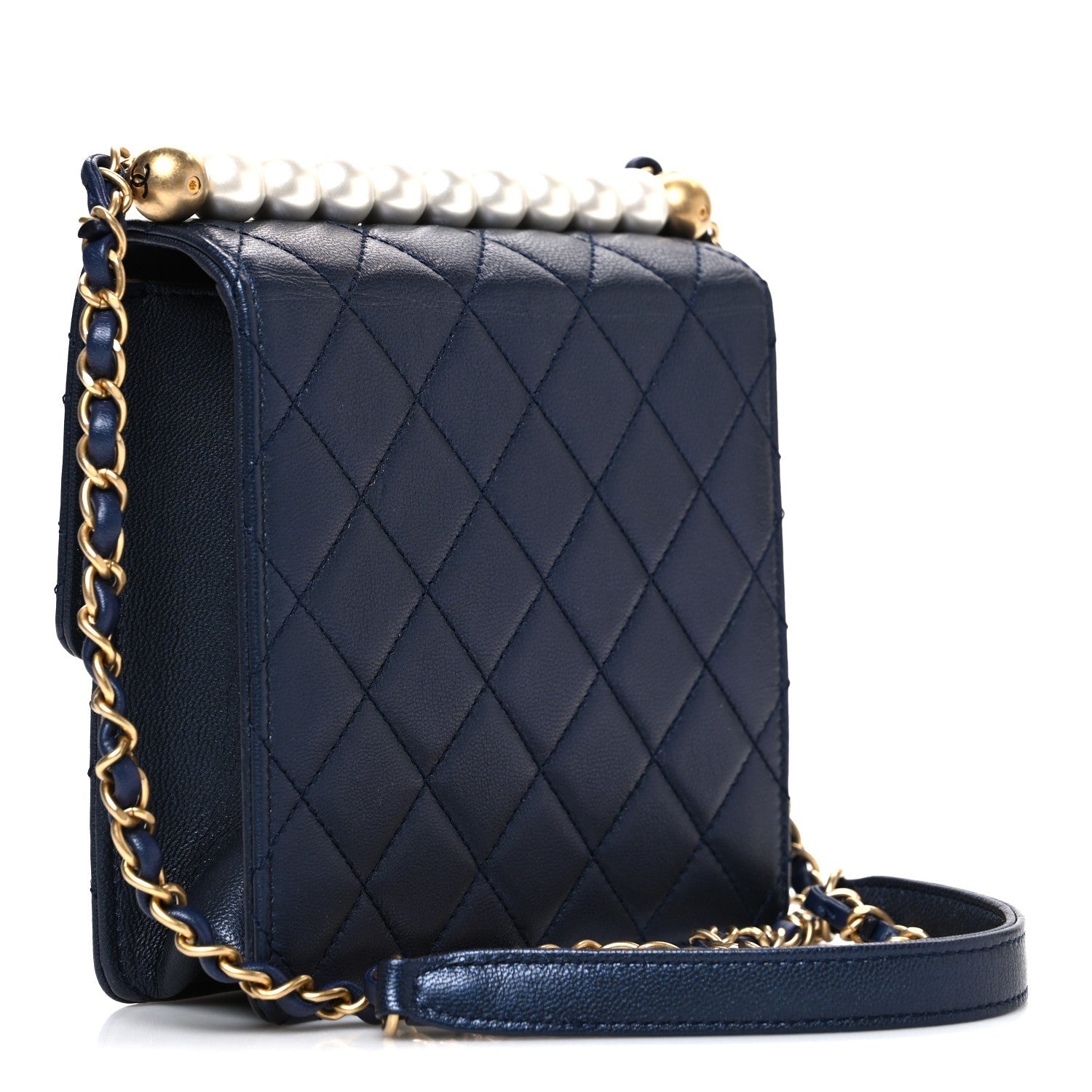 Iridescent Lambskin Quilted Chic Pearls Flap Navy Blue