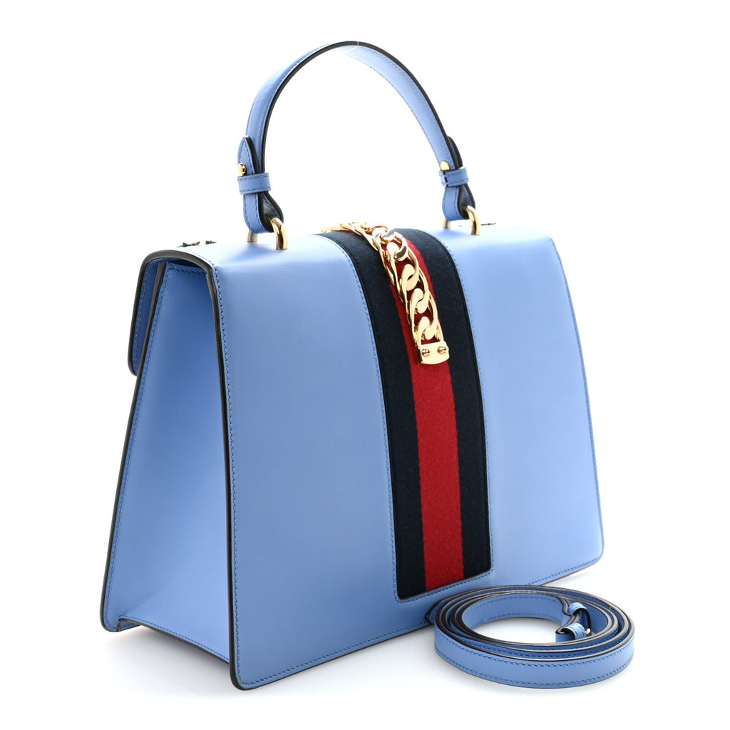 Calfskin Embroidered Medium Sylvie Top Handle Bag Clear Sky Blue